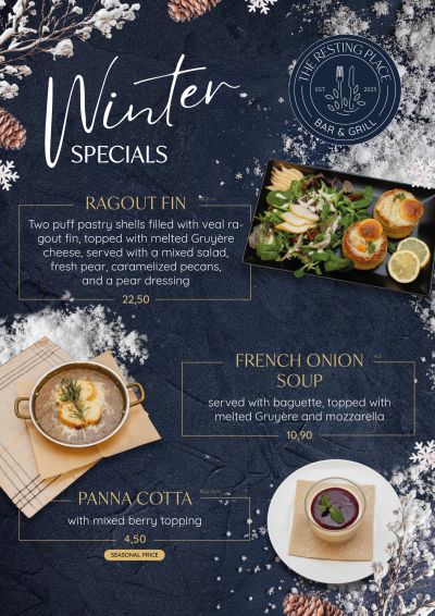 Winter foods, Ragout Fin, French Onion Soup, Panna Cotta