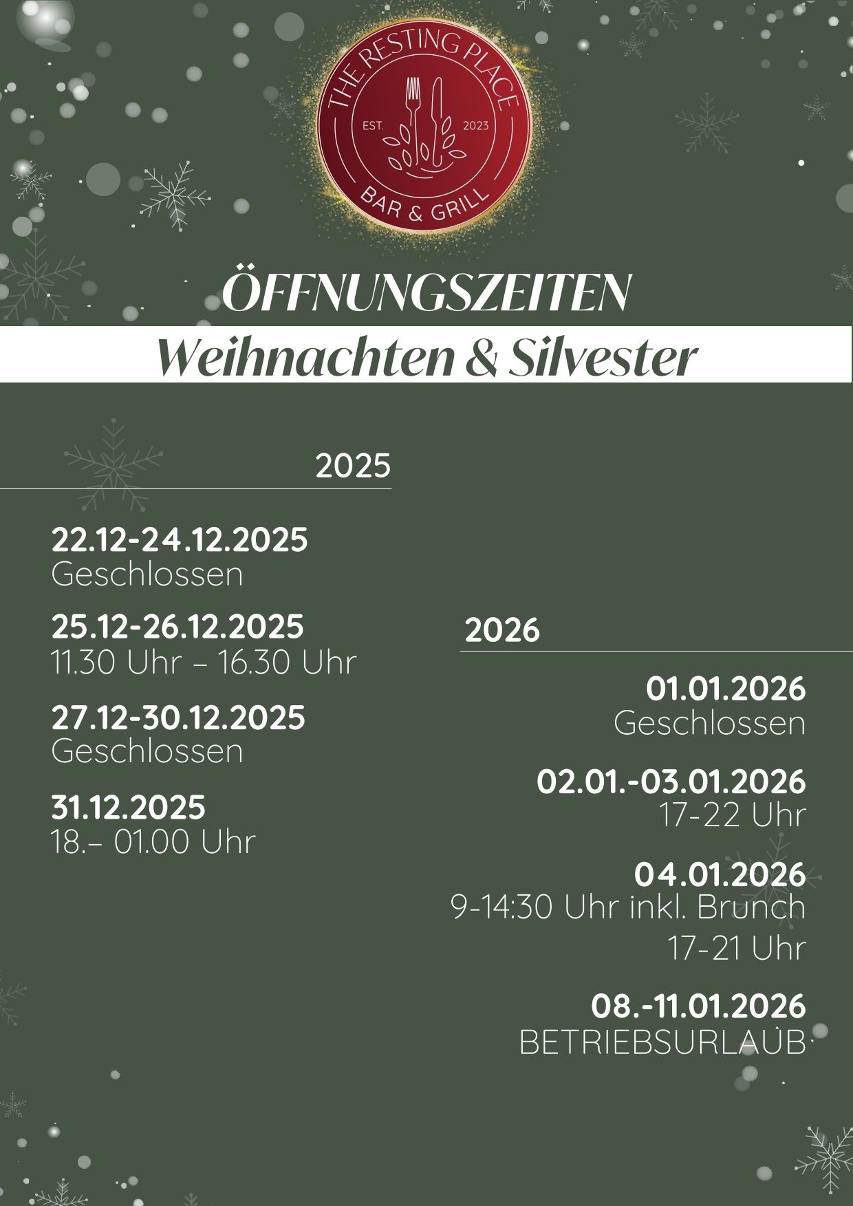 Öffnungszeiten Weihnachten Silvester Neujahr TRP
