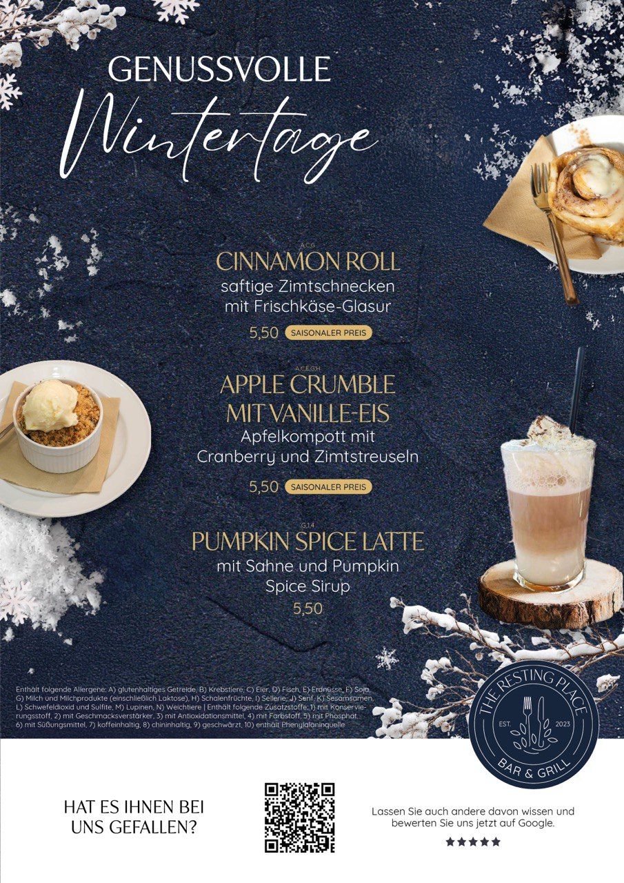 Resting Place weihnachtliche Nachtische: saftige Zimtschnecke, Apple Crumble mit Vanilleeis, Pumpkin Spice Latte